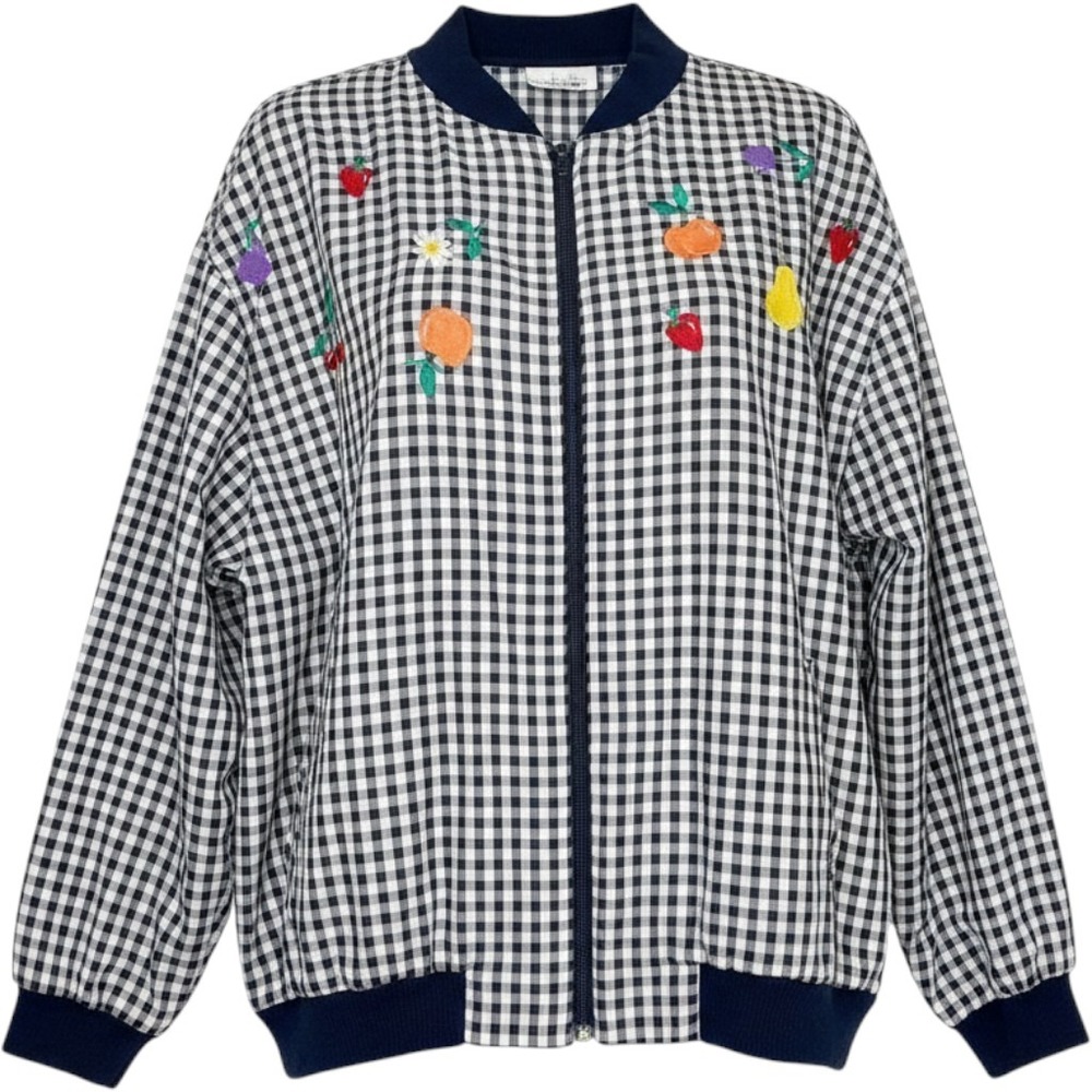 Vintage Novelty Fruit Embroidered Gingham Jacket Womens L Cottagecore USA Zip